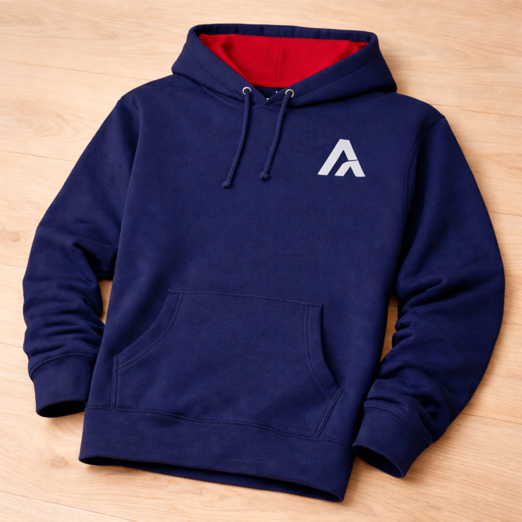 Navy blue hoodie with a white logo on a wooden surface