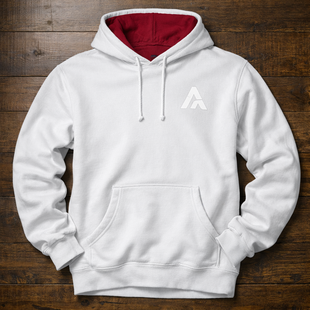 White hoodie with a logo on a wooden surface