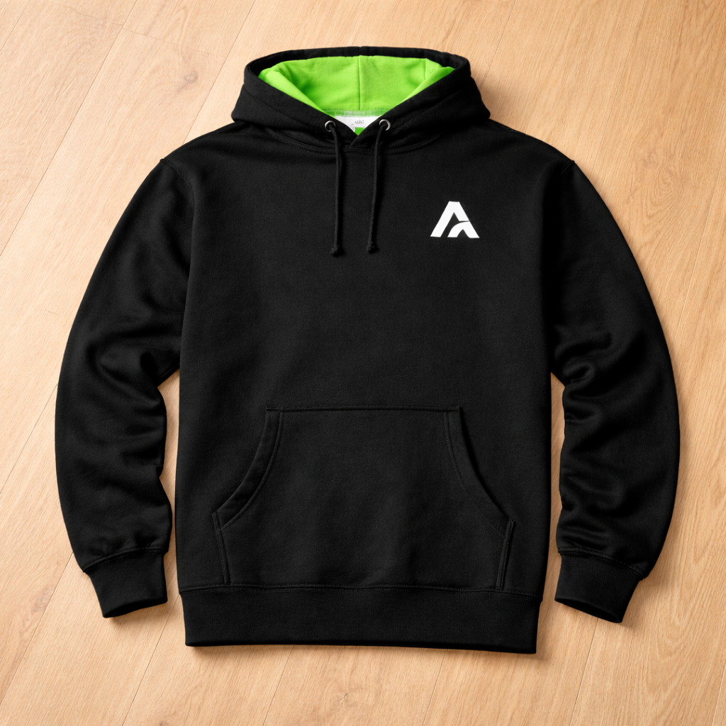Black hoodie with a logo on a wooden surface