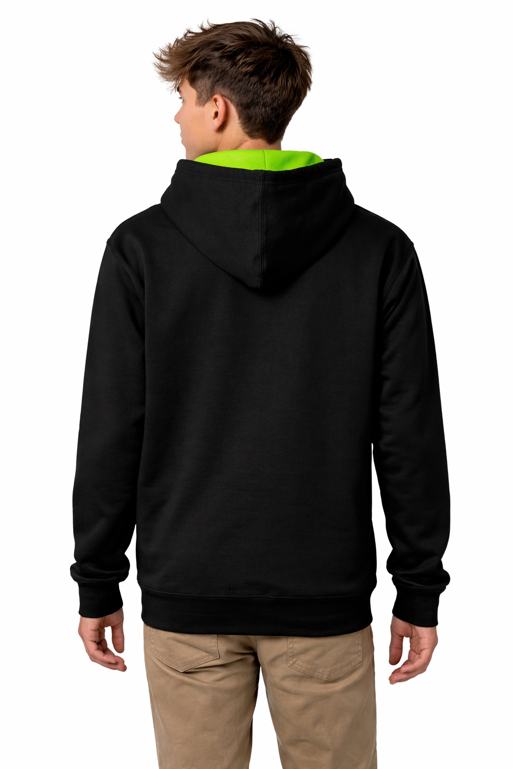 Model wearing a black Atlas hoodie with neon green hood lining and white Atlas A embroidered logo, back view on a clean white background