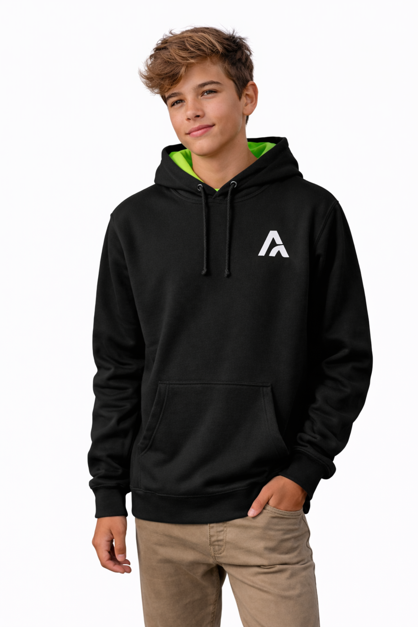 Model wearing a black Atlas hoodie with neon green hood lining and white Atlas A embroidered logo, front view on a clean white background