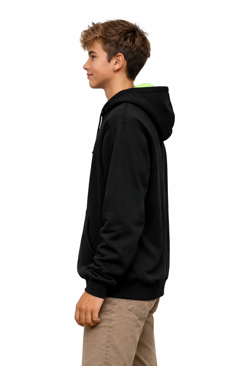 Model wearing a black Atlas hoodie with neon green hood lining and white Atlas A embroidered logo, side view on a clean white background