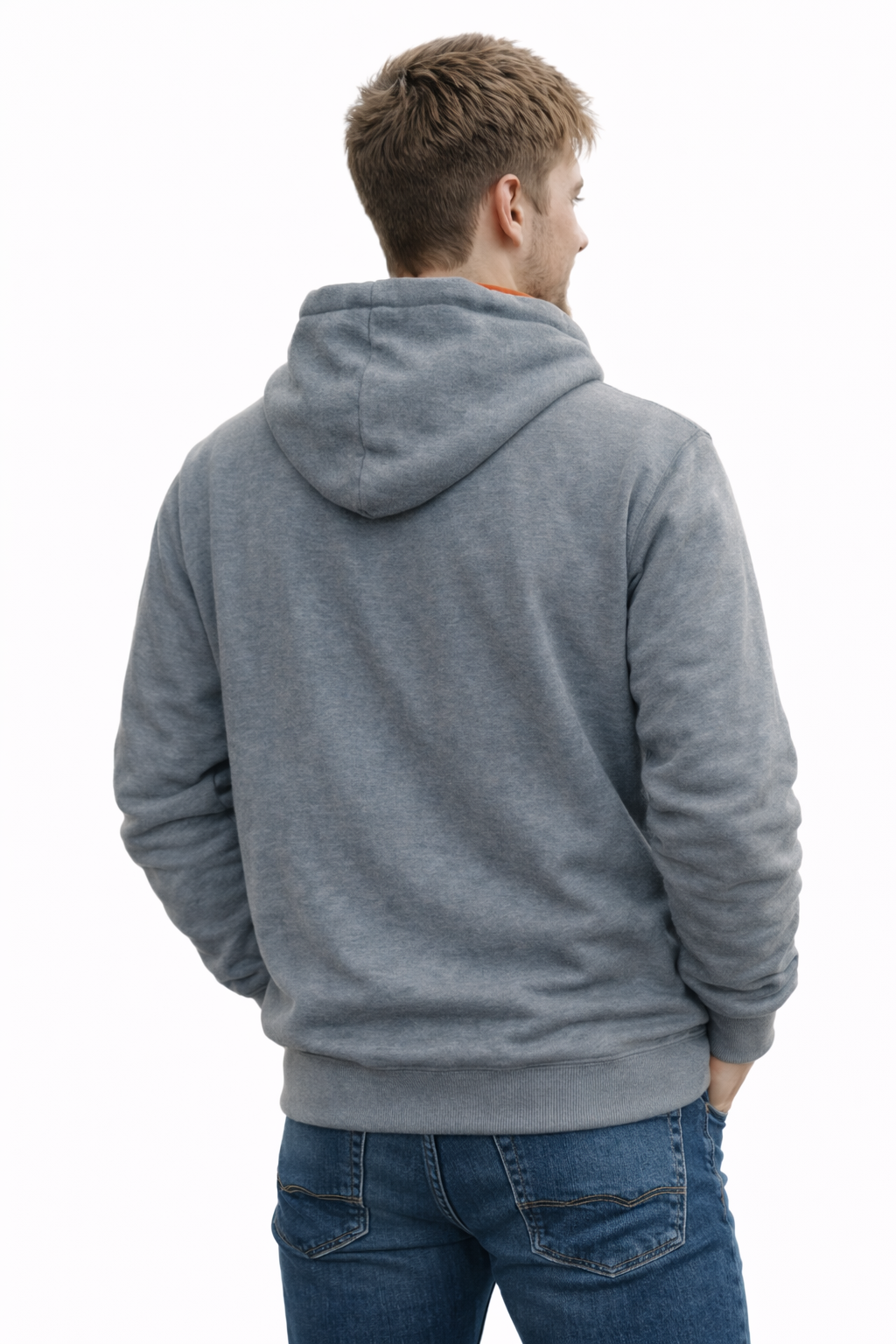 Male model wearing an Atlaswear heather grey premium hoodie with orange hood lining and minimalist embroidered logo, shown back-on in a clean studio setting