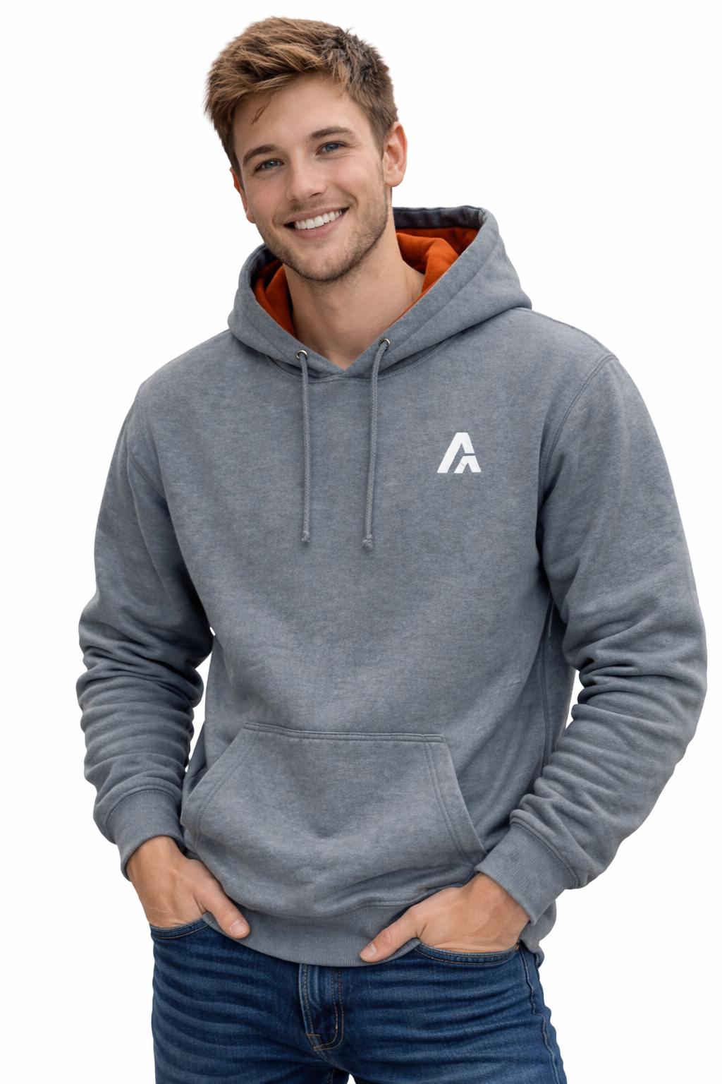 Male model wearing an Atlaswear heather grey premium hoodie with orange hood lining and minimalist embroidered logo, shown front-on in a clean studio setting