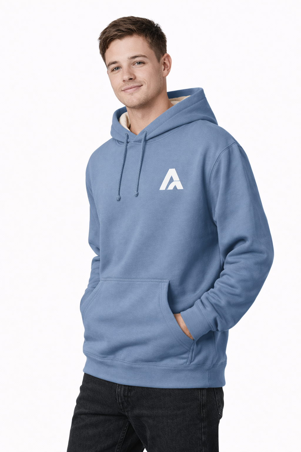 Male model wearing an Atlaswear light blue premium hoodie with cream hood lining and embroidered logo, angle view on a clean white background showing fit and minimalist streetwear style
