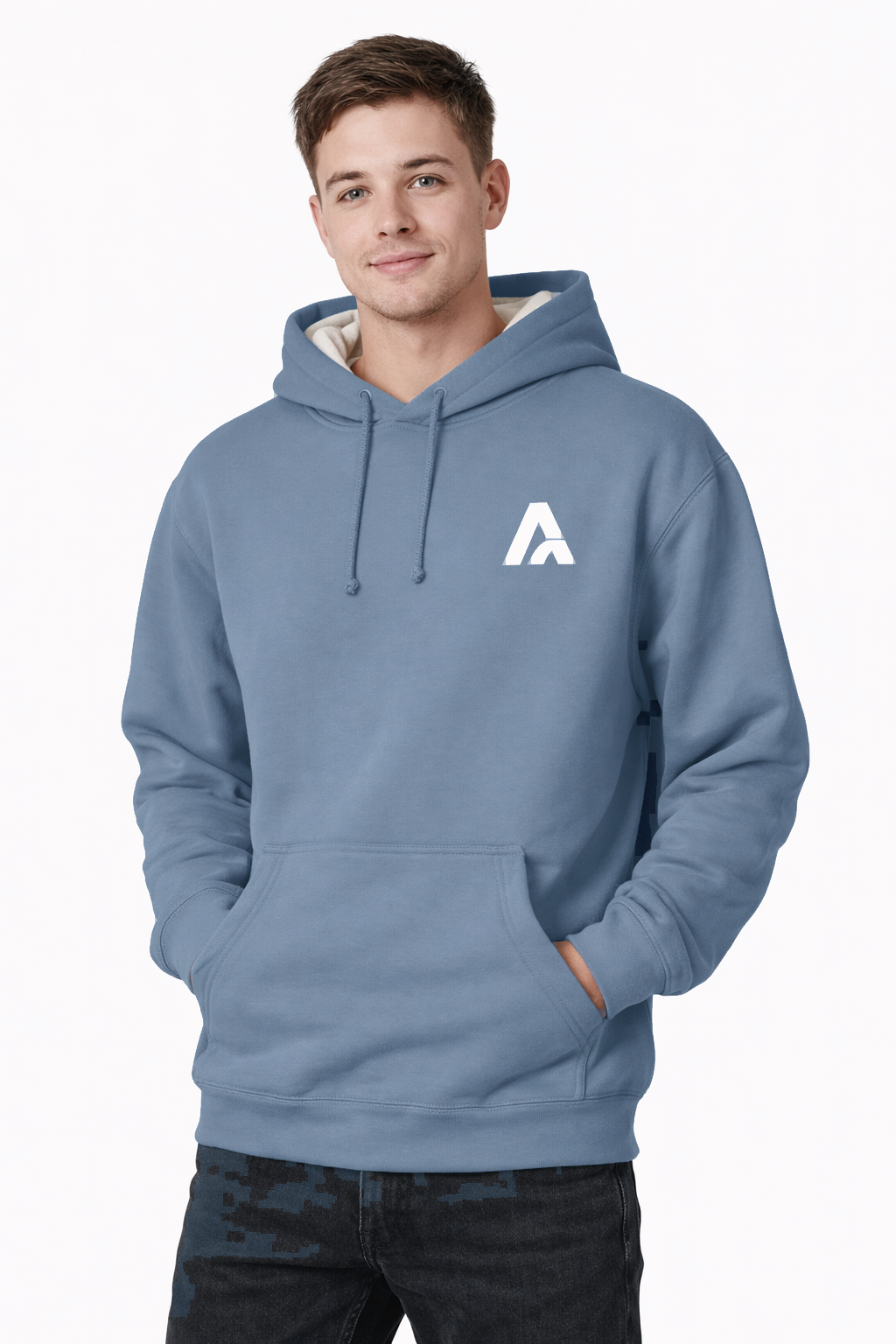 Male model wearing an Atlaswear light blue premium hoodie with cream hood lining and embroidered logo, front view on a clean white background showing fit and minimalist streetwear style