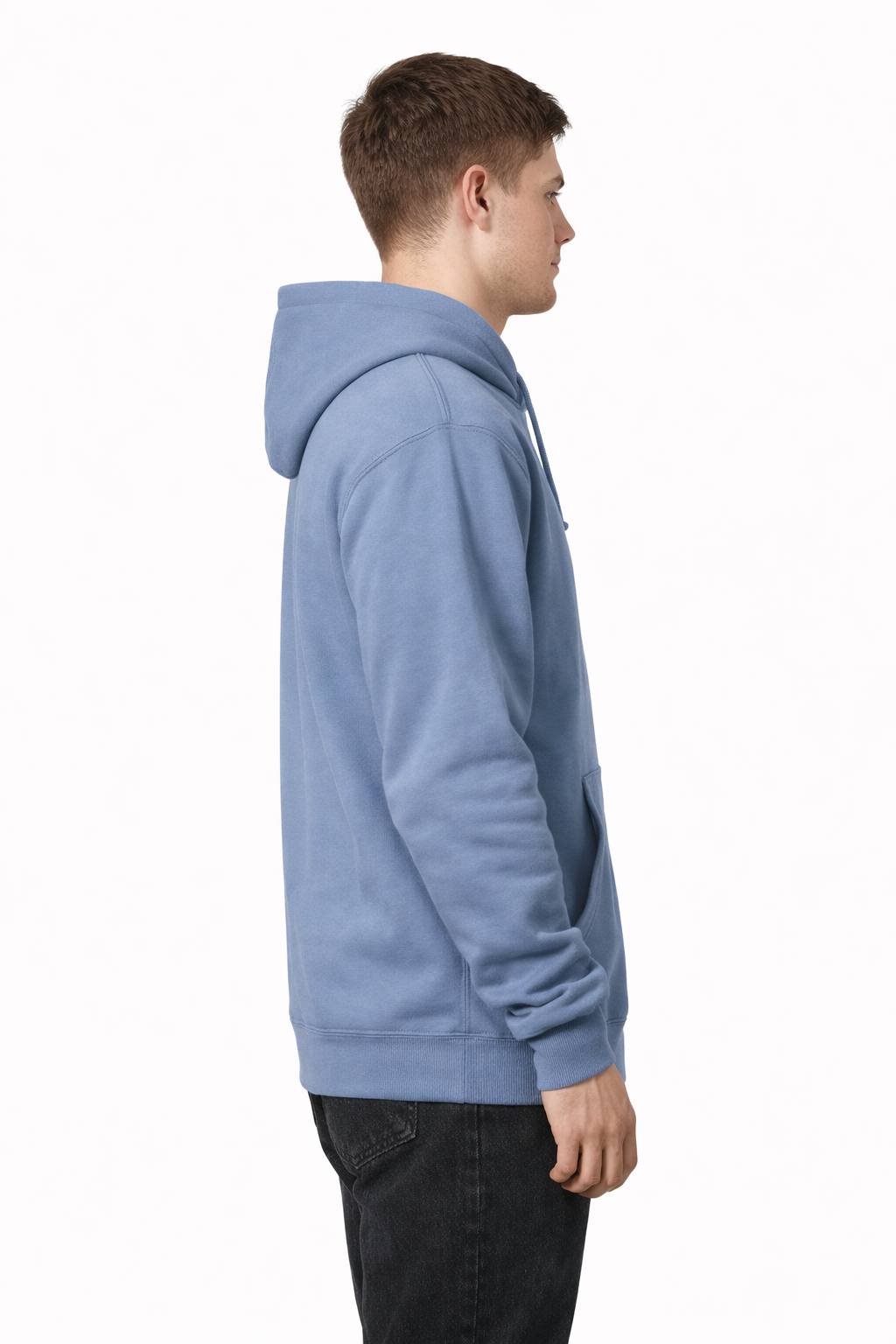Male model wearing an Atlaswear light blue premium hoodie with cream hood lining and embroidered logo, side view on a clean white background showing fit and minimalist streetwear style