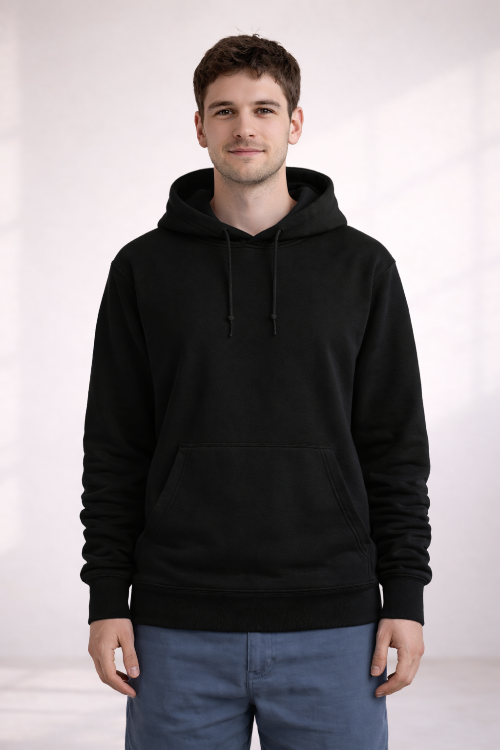 Front view of a man wearing a plain black pullover hoodie with drawstrings and kangaroo pocket.