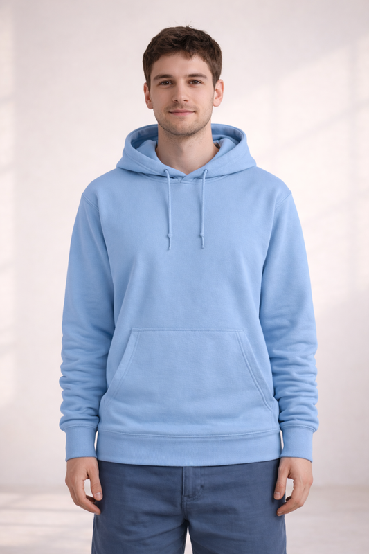 Front view of a man wearing a mens blue pullover hoodie with drawstrings and kangaroo pocket.