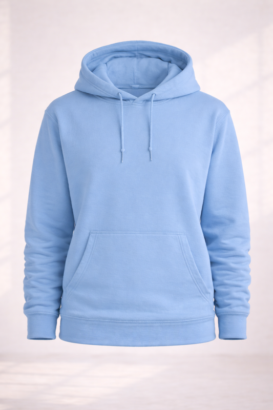 Mens blue pullover hoodie product image showing front view with drawstring hood and kangaroo pocket.