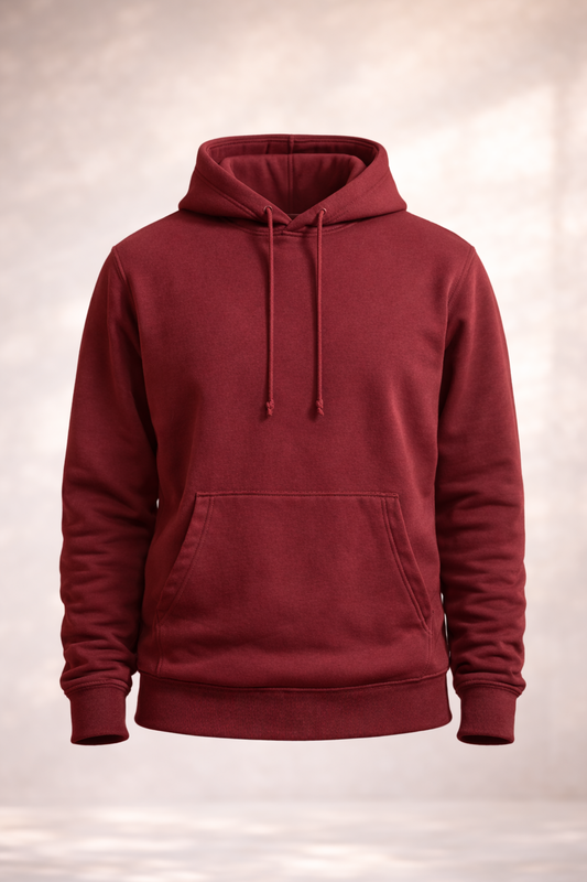 Mens brick red pullover hoodie product image showing front view with drawstring hood and kangaroo pocket.