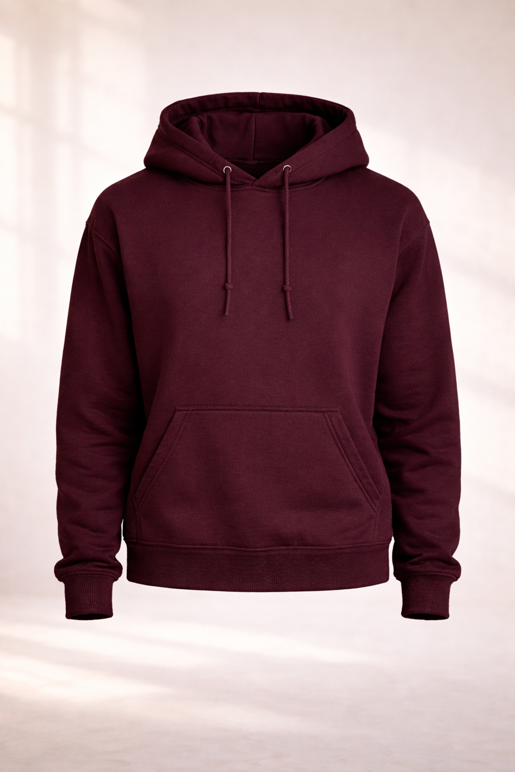 Mens burgundy pullover hoodie product image showing front view with drawstring hood and kangaroo pocket.