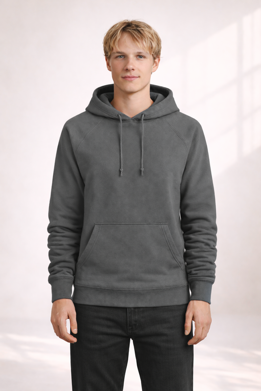 Front view of a man wearing a mens charcoal gray pullover hoodie with drawstrings and kangaroo pocket.