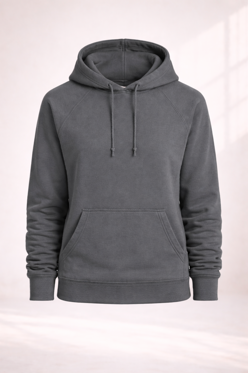 Mens charcoal gray pullover hoodie product image showing front view with drawstring hood and kangaroo pocket.