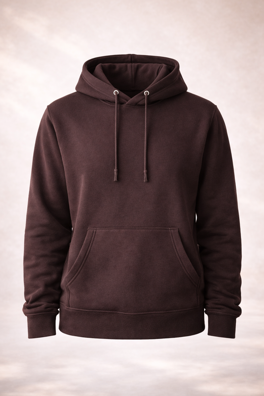 Mens dark brown pullover hoodie product image showing front view with drawstring hood and kangaroo pocket.