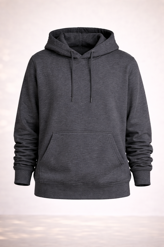 Mens dark heather gray pullover hoodie product image showing front view with drawstring hood and kangaroo pocket.