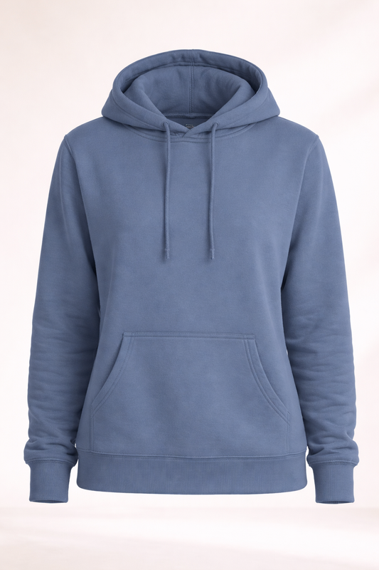 Mens dusty blue pullover hoodie product image showing front view with drawstring hood and kangaroo pocket.