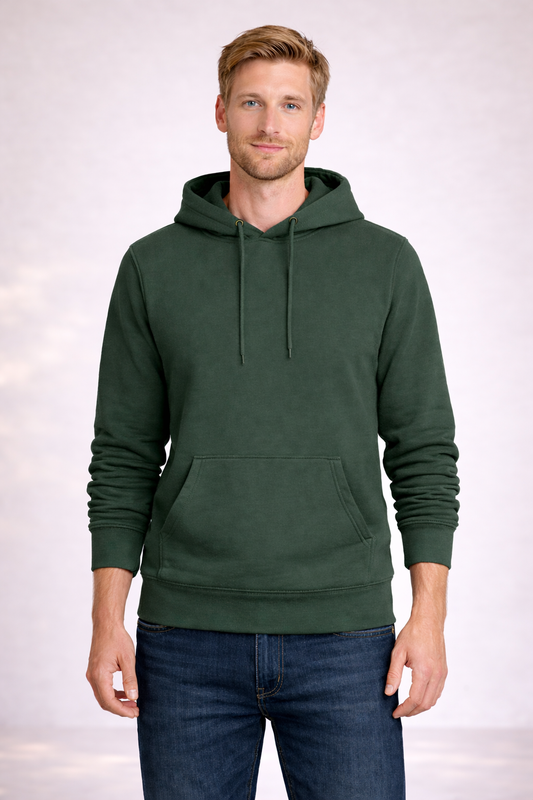 Front view of a man wearing a mens forest green pullover hoodie with drawstrings and kangaroo pocket.