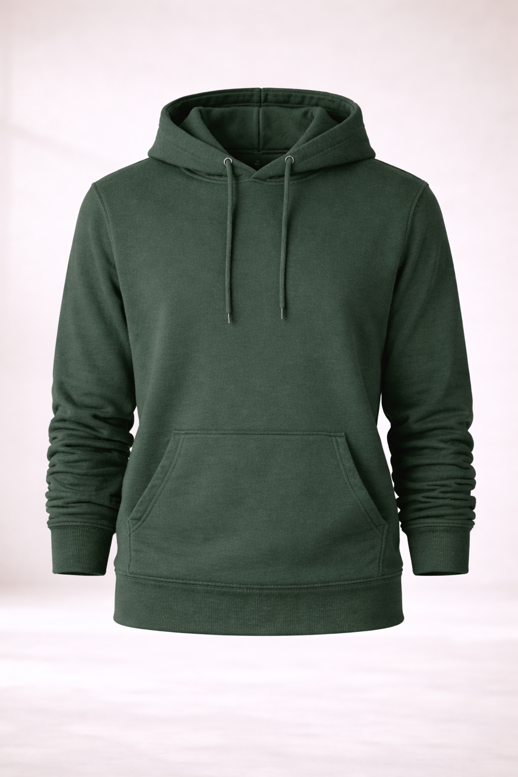 Mens forest green pullover hoodie product image showing front view with drawstring hood and kangaroo pocket.