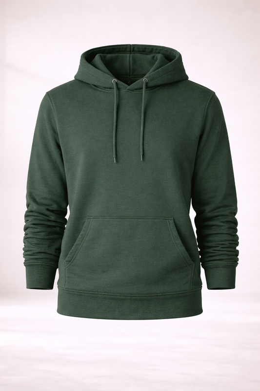 Mens forest green pullover hoodie product image showing front view with drawstring hood and kangaroo pocket.