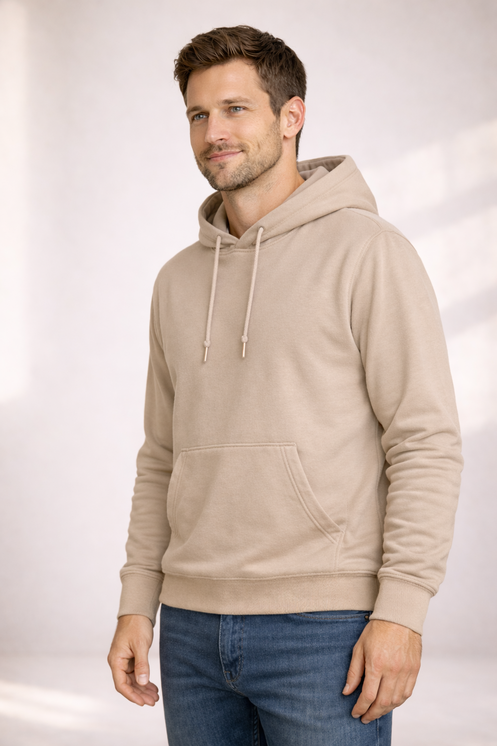 Man wearing a light beige pullover hoodie shown in front angled view with drawstring hood and kangaroo pocket.