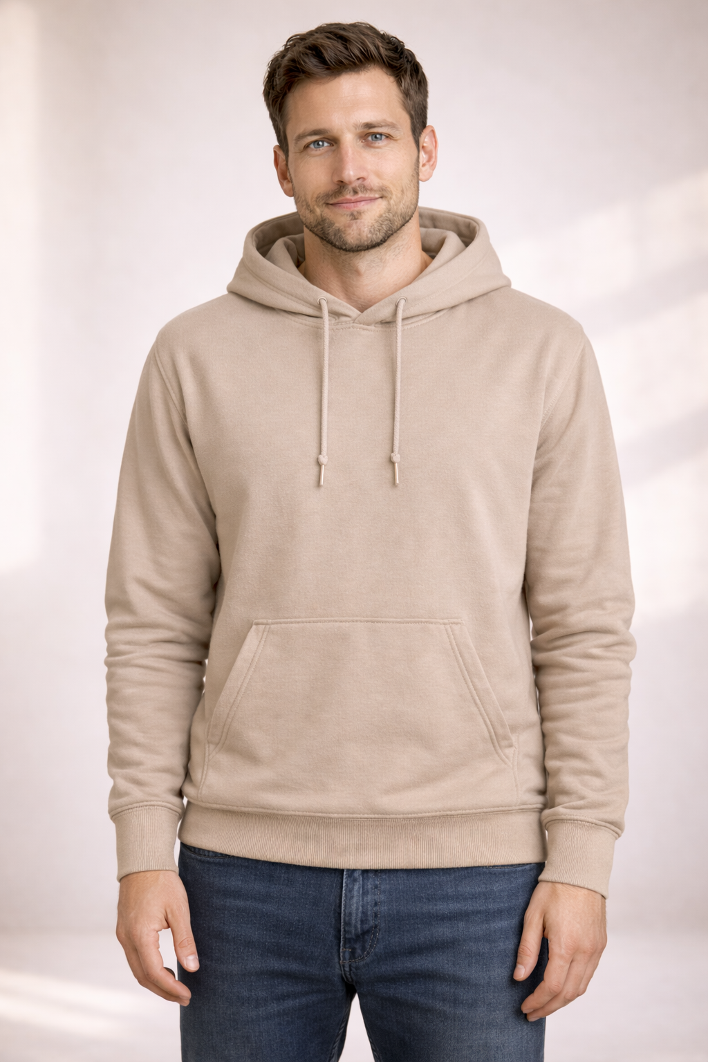 Front view of a man wearing a plain light beige pullover hoodie with drawstrings and kangaroo pocket.
