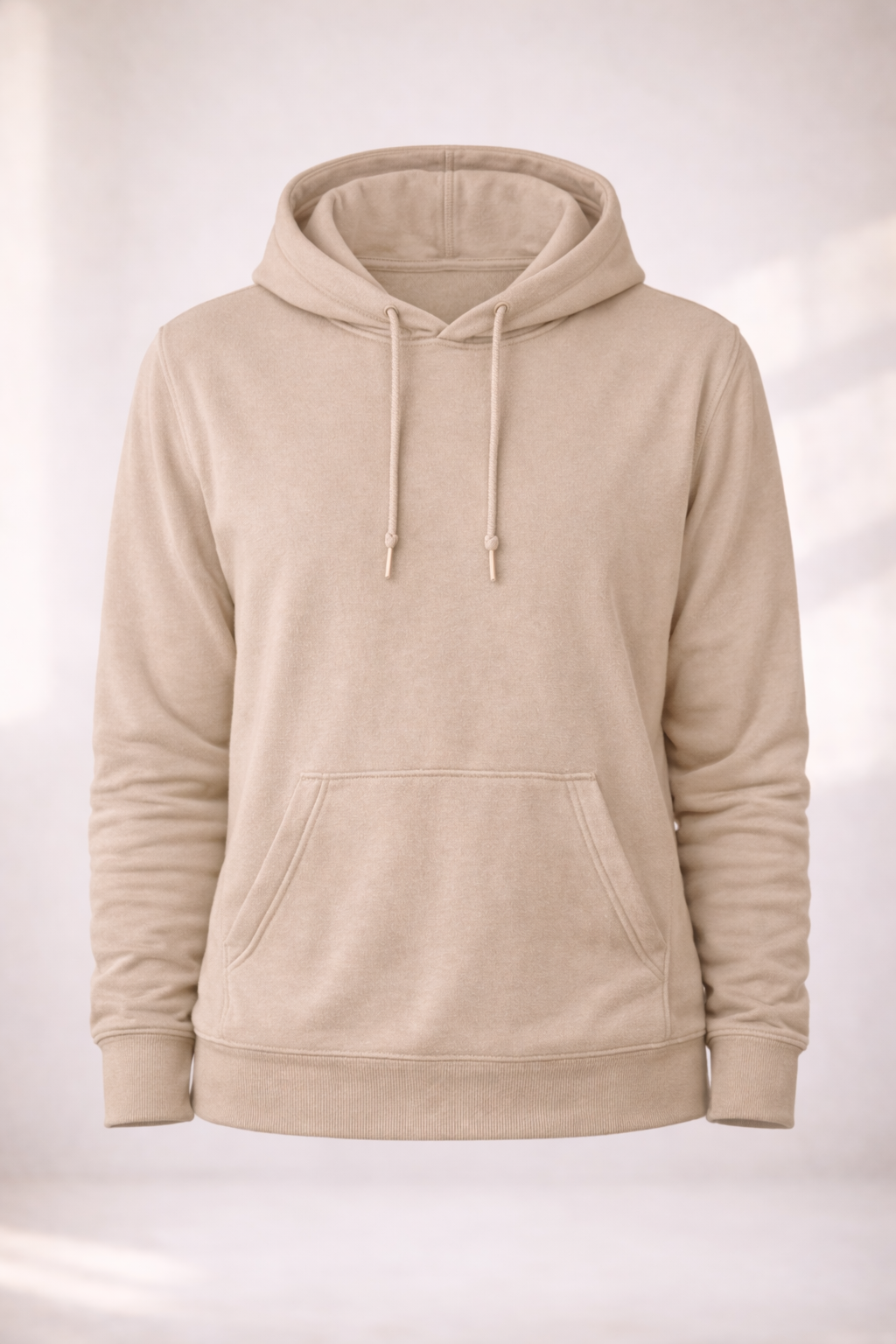 Mens light beige pullover hoodie product image showing front view with drawstring hood and kangaroo pocket.