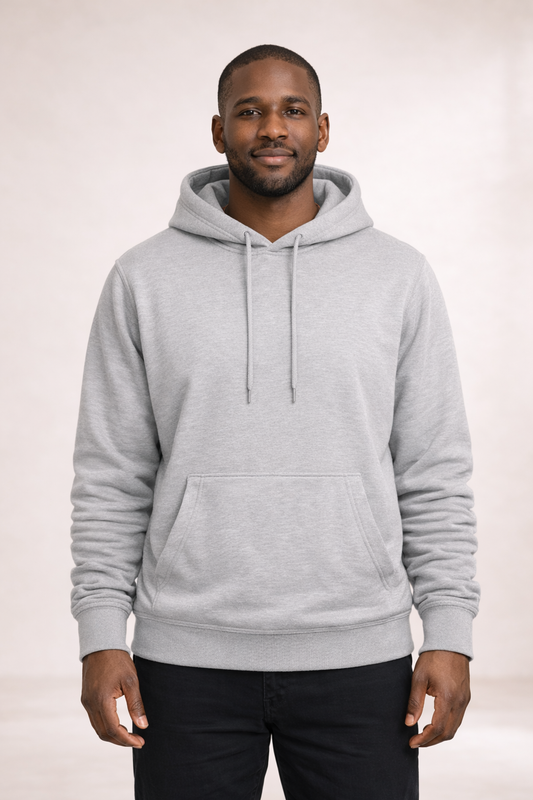 Front view of a man wearing a mens light gray pullover hoodie with drawstrings and kangaroo pocket.
