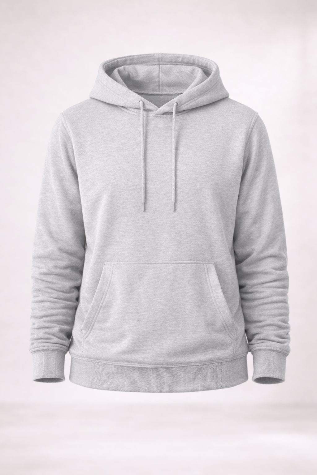 Mens light gray pullover hoodie product image showing front view with drawstring hood and kangaroo pocket.