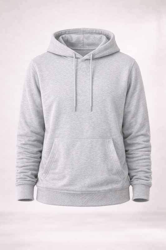 Mens light gray pullover hoodie product image showing front view with drawstring hood and kangaroo pocket.