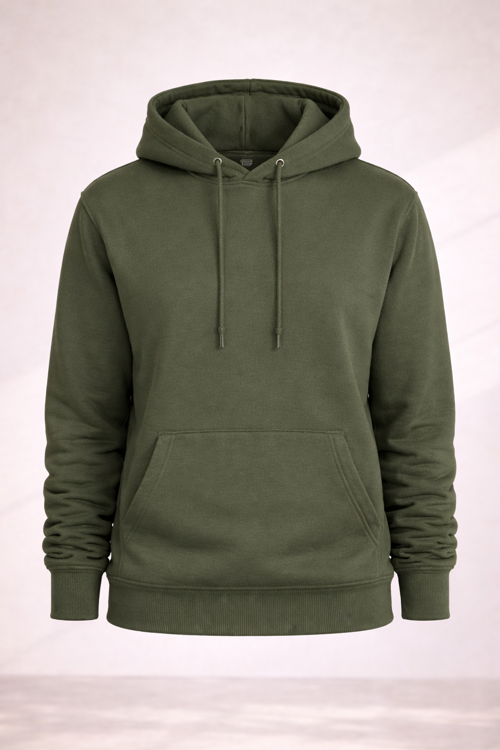 Mens olive green pullover hoodie product image showing front view with drawstring hood and kangaroo pocket.