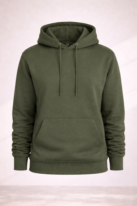 Mens olive green pullover hoodie product image showing front view with drawstring hood and kangaroo pocket.