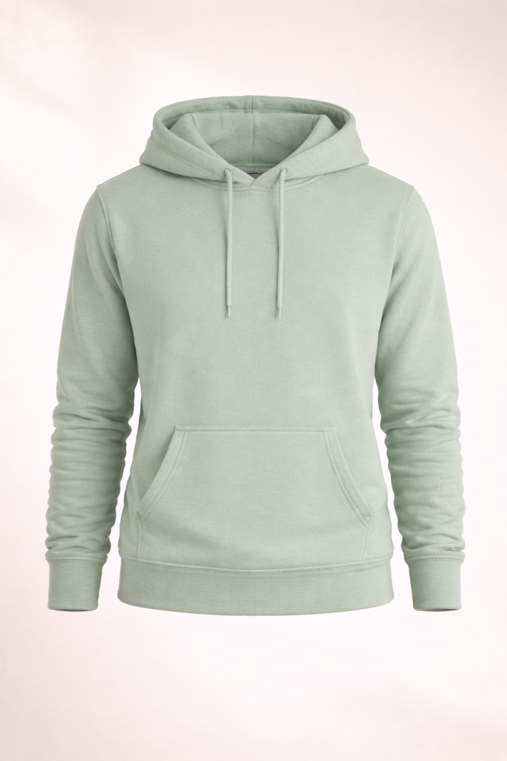 Mens sage green pullover hoodie product image showing front view with drawstring hood and kangaroo pocket.