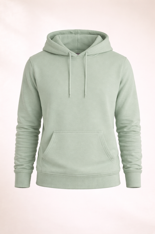 Mens sage green pullover hoodie product image showing front view with drawstring hood and kangaroo pocket.