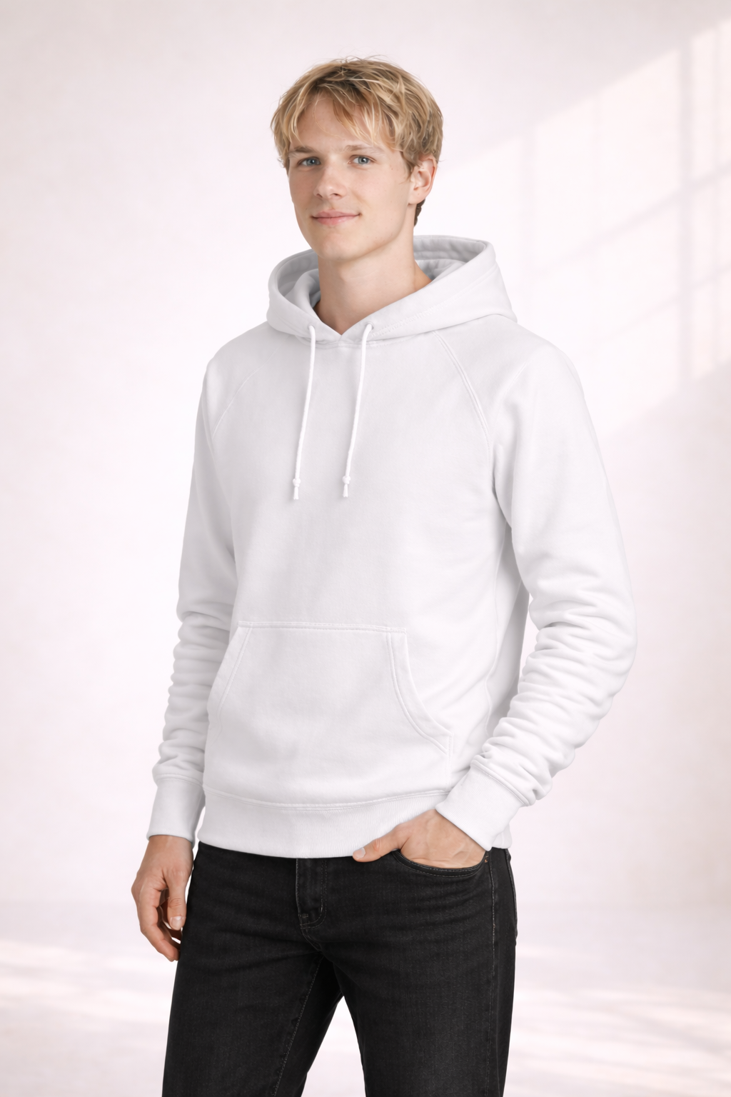 Man wearing a white pullover hoodie shown in front angled view with drawstring hood and kangaroo pocket.