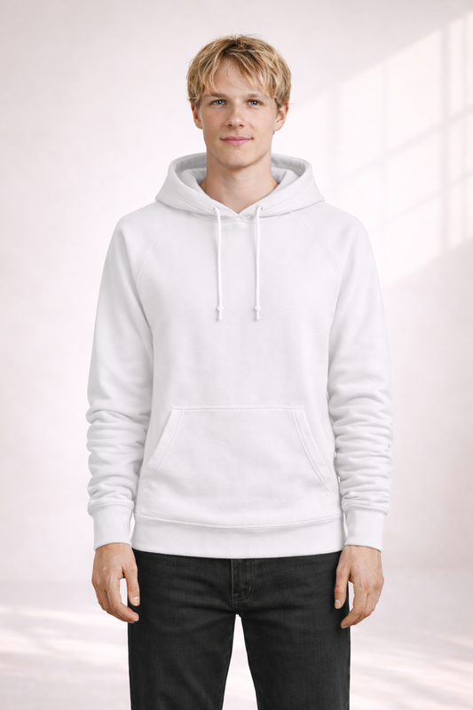Front view of a man wearing a plain white pullover hoodie with drawstrings and kangaroo pocket.