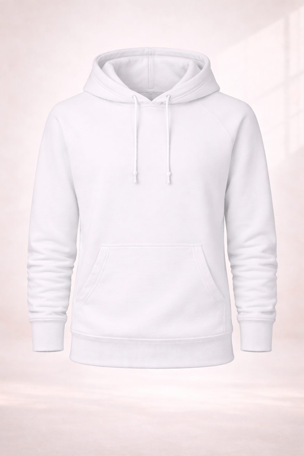White mens pullover hoodie product image showing front view with drawstring hood and kangaroo pocket.