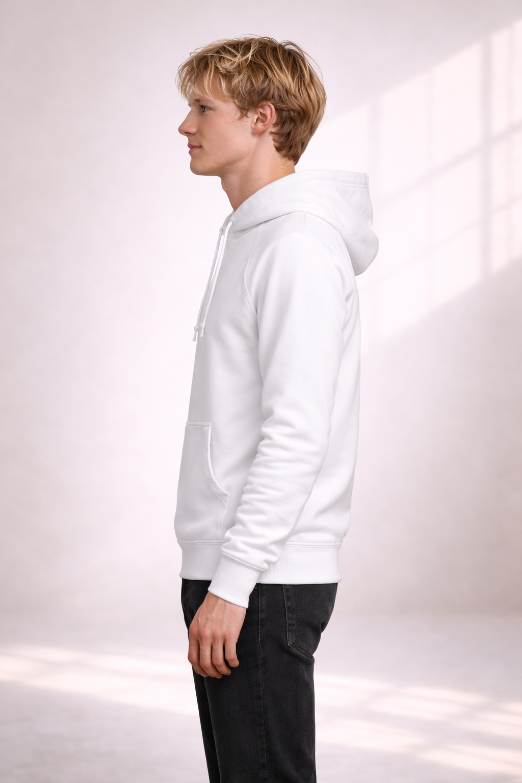 Side profile of a man wearing a white pullover hoodie showing relaxed fit and hood.
